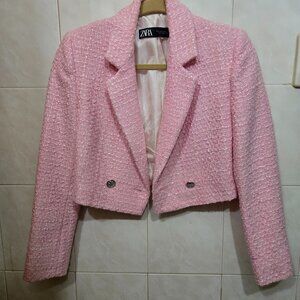 Zara Pink Tweed Cropped Blazer Jacket - Size XS - Barbiecore Chic